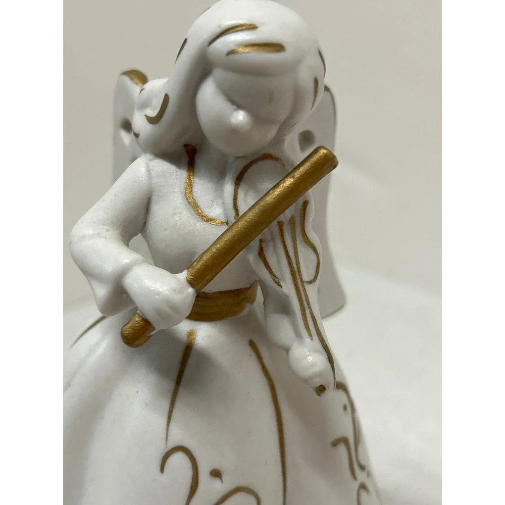 White Bisque Angel Figurine Playing Violin Gold‎ Trim Angel Christmas Decor